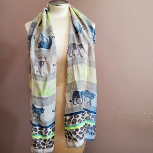 Guillaume De Mons Scarf Blue Neon Green Leopard 17x68" Paris Designer Funky Boho